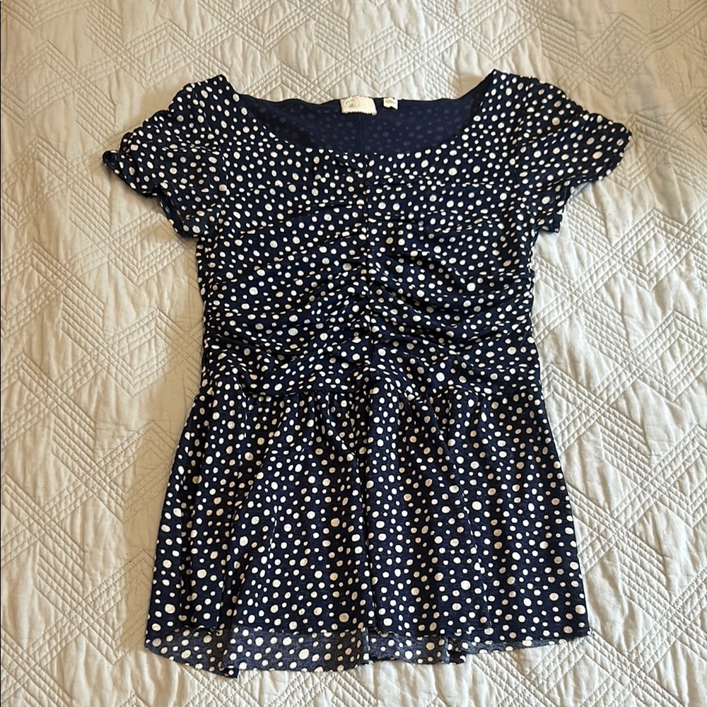 Anthropologie small shirted peplum hem Navy Polka Dot Women's Top